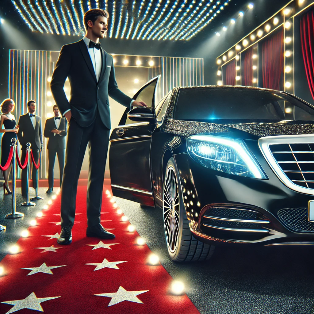 DALL·E 2024 10 22 03.10.13 A luxurious black sedan arriving at a glamorous event. The chauffeur in a dark suit is opening the door and the setting includes red carpet bright l